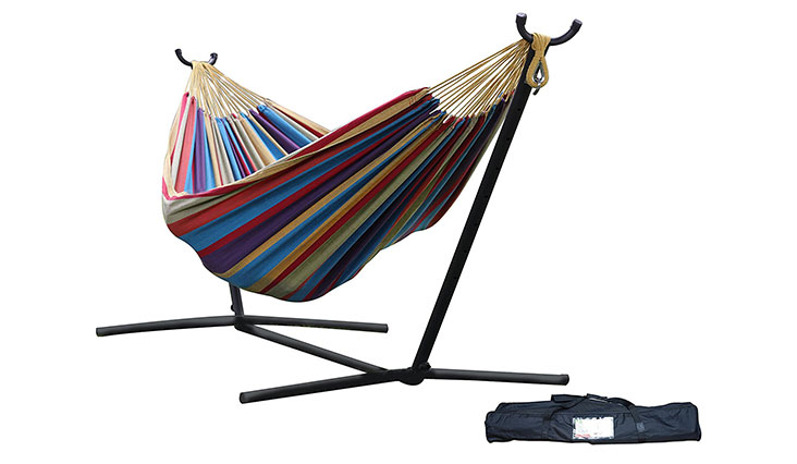 Vivere Double Hammock with Space-Saving Steel Stand, Tropical