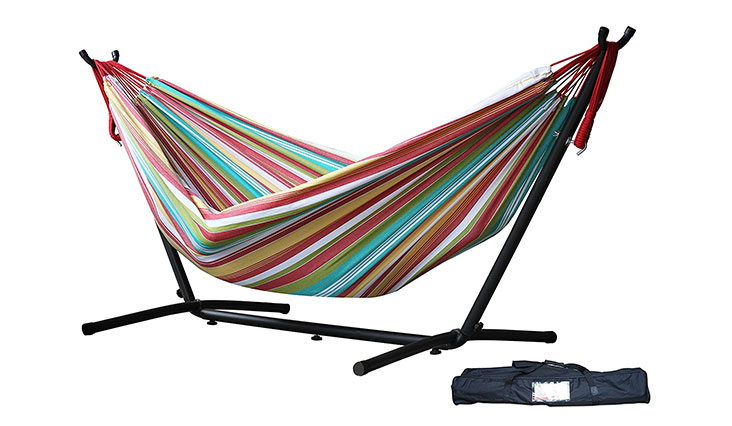 Vivere Double Hammock with Space Saving Steel Stand, Carousel Confetti