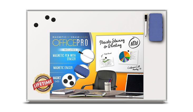 OfficePro Slimline 24x36-Inch Magnetic Dry Erase Board with Marker Pen, Pen Holder Tray, Magnetic Eraser and 3 Magnets