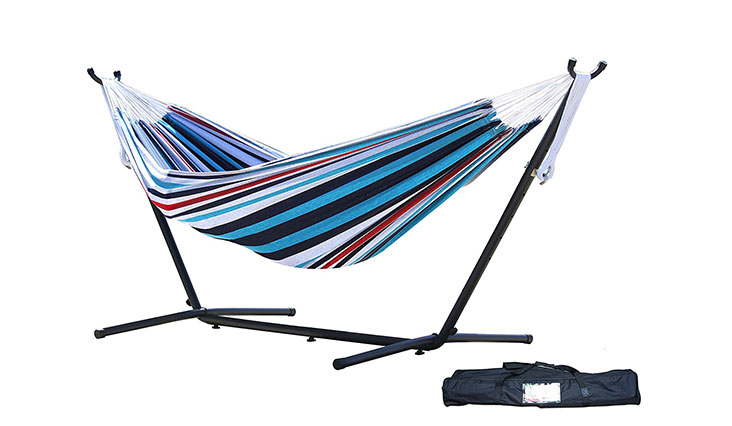 Vivere Double Hammock with Space Saving Steel Stand, Denim