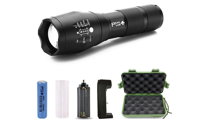 PeakPlus Super Bright LED Tactical Flashlight Zoomable Adjustable Focus 5 Modes Water Resistant Torch with Rechargeable 18650 Lithium Ion Battery & Charger