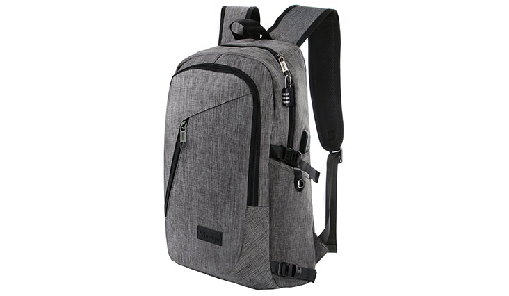 Mancro Business Water Resistant Polyester Laptop Backpack with USB Charging Port and Lock Fits Under 17-Inch Laptop and Notebook, Grey