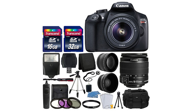Canon EOS Rebel T6 Digital SLR Camera with 18-55mm EF-S f/3.5-5.6 IS II Lens + 58mm Wide Angle Lens + 2x Telephoto Lens + Flash + 48GB SD Memory Card + UV Filter Kit + Tripod + Full Accessory Bundle