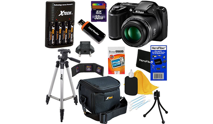 Nikon COOLPIX L340 Digital Camera with 28x Zoom & Full HD Video (Black) International Version + 4 AA Batteries & Charger + 32GB Dlx Accessory Kit w/HeroFiber Cleaning Cloth