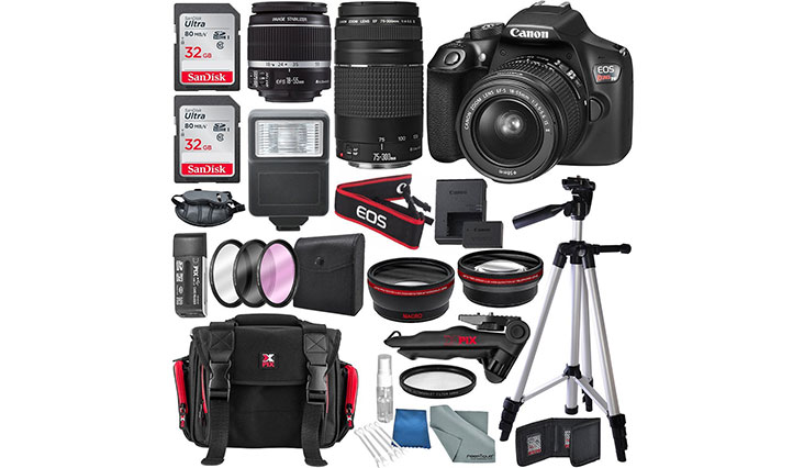 Canon EOS Rebel T6 DSLR Camera with EF-S 18-55mm f/3.5-5.6 IS II Lens, EF 75-300mm f/4-5.6 III Lens, W/ Total of 64 GB, Xpix Table top Tripod, FiberTique Cloth and Deluxe Accessory Bundle