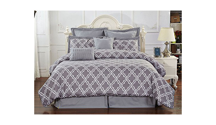 Unique Home 8 Piece Reversible Pinch Pleat Comforter Set Fade Resistant, Wrinkle Free, No Ironing Necessary, Super Soft, Queen, Grey