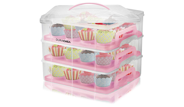 DuraCasa Cupcake Carrier | Cupcake Holder | Store up to 36 Cupcakes or 3 Large Cakes | Stacking Cupcake Storage Container | Cupcake, Cookie, Muffin or Cake Dessert Carrier (3 Tier Pink)