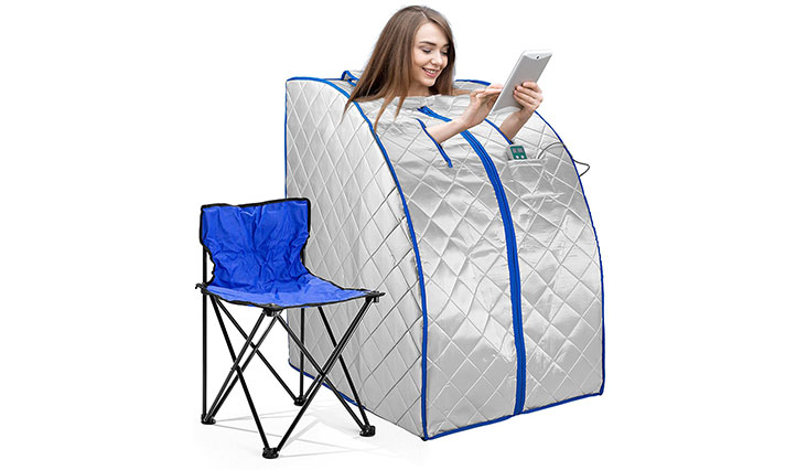 Infrared FAR IR Negative Ion Portable Indoor Personal Spa Sauna by Durherm with Air Ionizer, Heating Foot Pad and Chair, 30 Minutes Timer, X-Large, Silver