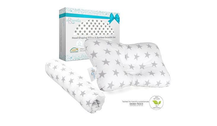 Baby Head Shaping Pillow + Bamboo Swaddle Blanket | Breathable Hypoallergenic Baby Pillow for Sleeping, Newborn Pillow Helps Prevent Flat Head or Plagiocephaly | The Only Infant Pillow Gift Set