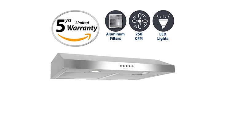 Cosmo 30 in. 250 CFM Ducted Under Cabinet Range Hood with Push Button Control Panel, Kitchen Vent Cooking Fan Range Hood with Aluminum Filters and LED Lighting