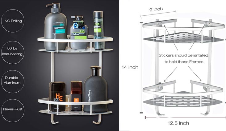Bathroom Shelf (No Drilling) Durable Aluminum 2 tiers shower shelf Kitchen storage basket Adhesive Suction Corner Shelves Shower Caddy