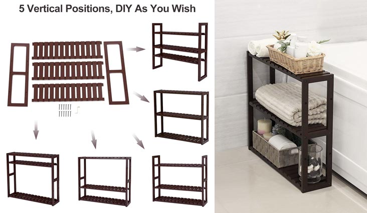 Bamboo Wood 3-Tier Utility Storage Shelf Rack Adjustable layer Bathroom Towel Shelf Multifunctional Kitchen Living Room Holder Wall Mounted Brown