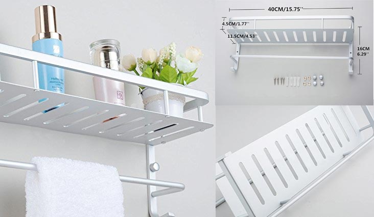 Modern Aluminum Double Layer Towel Bar, Wall Mount Bathroom Storage and One Towel Bar, Bathroom Shelves with 2 Hooks, Towel Holders, Bath Towel Rack, Bath/Kitchen Storage Shelf(40cm/15.7in)