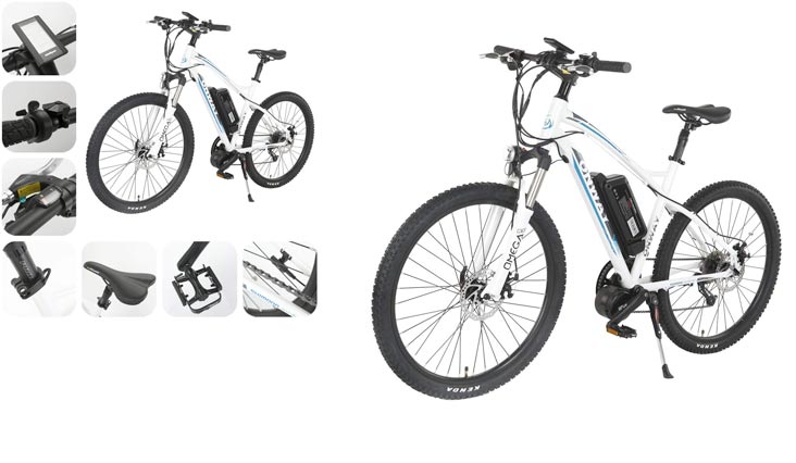 Onway 26 Inch 9 Speed Electric Mountain Bike, 8-Fun 350W Brushless Mid-position Motor, Lithium Battery, White