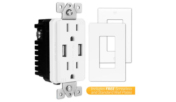 White 2 Pack 4A High Speed Dual USB Charger Outlet, USB Outlet, Wall Plates Included