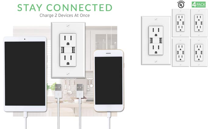 4 PACK - UL Listed- High Speed 2 USB Port Charger and Duplex Receptacle 15-Amp, 3.1A Charging Capability, Tamper Resistant Outlet- Wall-plate Included - White