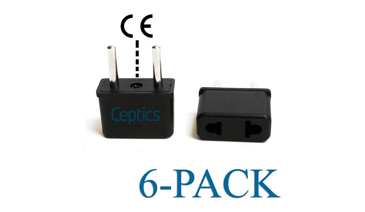 Ceptics USA to Europe Asia Plug Adapter - CE Certified - RoHS Compliant - 6 Pack