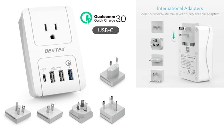 Travel Adapter Kits by BESTEK - Dual 2.4A Smart Identify USB Ports + 1 Qick Charge 3.0 USB Port + 1 USB C Port + 1 AC Outlet Wall Charger with Worldwide Wall Plugs for UK, US, AU, Europe & Asia