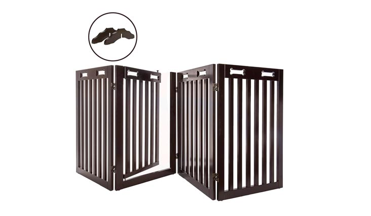 Arf Pets Free Standing Wood Dog Gate with Walk Through Door, Expands Up To 80" Wide, 31.5" High - BONUS Set of Foot Supporters Included