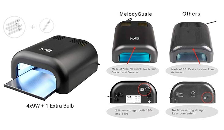 MelodySusie 36W UV Nail Dryer - UV Lamp Light for Any UV gel polish, with Sliding Tray & Timer Setting + 4 x 9W UV Lamp + Free Extra One Bulb - Black