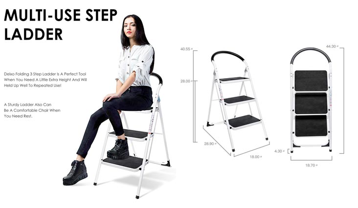 3 Step Ladder Folding Step Stool Stepladders with Handgrip Anti-slip and Wide Pedal Sturdy Steel Ladder 330lbs White and Black Combo (3 feet)