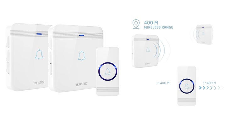 Wireless Doorbell, AVANTEK D-3W Waterproof Door Chime Kit Operating at Over 1300 Feet with 2 Plug-In Receivers, 52 Melodies, CD Quality Sound and LED Flash