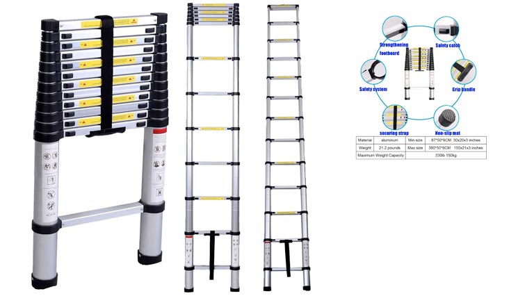 Telescoping Ladder Aluminum Telescopic Extension Tall Multi Purpose (12.5 Ft Black)