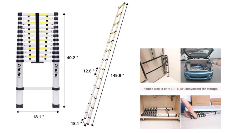 12.5ft Aluminum Telescopic Extension Ladder, EN131 Certified Extendable Telescoping Ladder with Spring Loaded Locking Mechanism Non-slip Ribbing 330 Pound Capacity