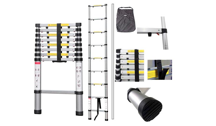 Telescopic ladder, Foldable Ladder - Maximum load: 330 lbs - Material: Aluminium alloy - 12.5 feet, FREE Carry bag, USA