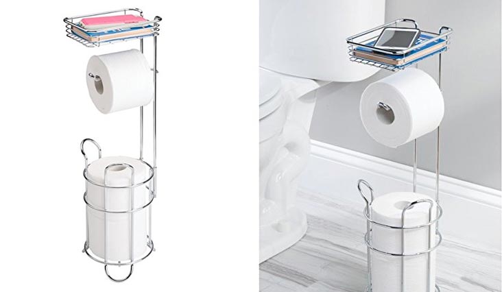 Freestanding Metal Wire Toilet Paper Roll Dispenser Holder and Extra Roll Reserve with Storage Shelf for Cell, Mobile Phone - Bathroom Storage Organization - Holds 3 Rolls - Chrome