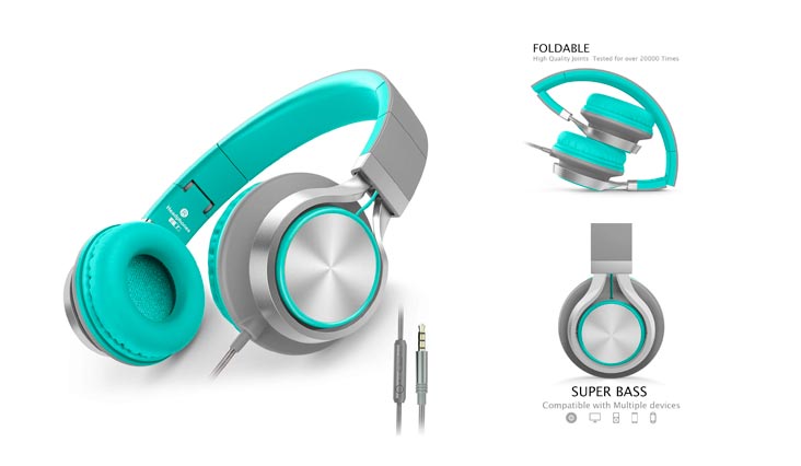 AILIHEN C8 Headphones Microphone Volume Control Folding Lightweight Headset Cellphones Tablets Smartphones Laptop Computer PC Mp3/4 (Grey/Mint)