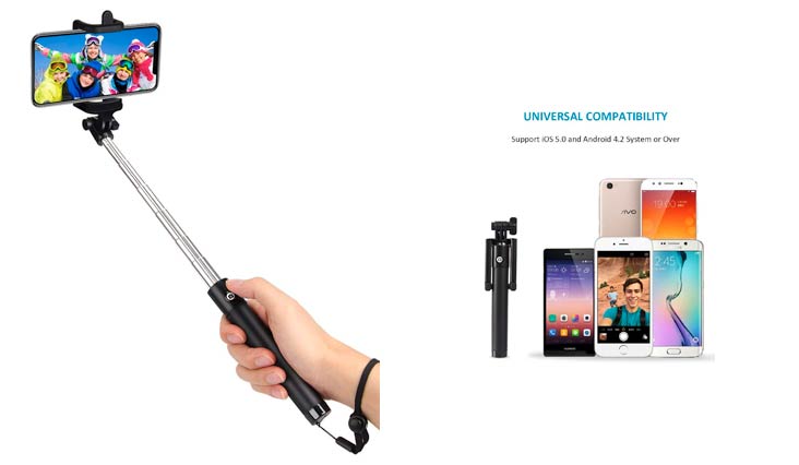 kungfuren Selfie Stick Bluetooth, Professional 50-Hour Long Battery Life and Japanese Seiko PCB Protection, Built-in Remote Camera Shutter for Selfie Stick iPhone 7 Plus All iOS and Android Smart Phone