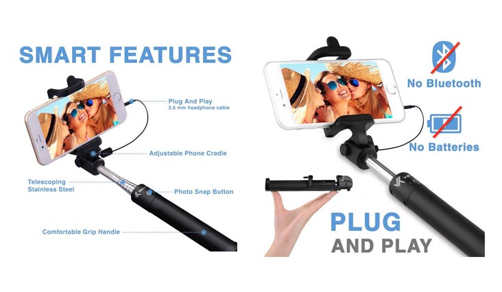 Voxkin Ultra Portable Wired Selfie Stick No Bluetooth Pairing - No Battery Charging Premium & Sturdy Design Best Pocket Sized Cable Monopod - Compatible with iPhone, Android & All SmartPhones