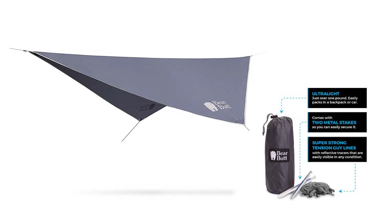 Bear Butt Double Hammock Tent Rain Fly - Cover for Camping, Hiking, Backpacking, Easy Set Up, Waterproof Tent Polyester - 5 colors available