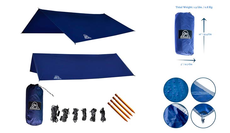 OAV Hammock Tarp Waterproof Rain Fly: 40D Ripstop Real Nylon, Lightweight, Includes Stakes & Ropes Attached to Tarp, Use for Shelter or Sunshade, 10' - Durable, Easy Set Up!
