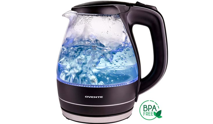Ovente 1.5L BPA-Free Glass Electric Kettle, Fast Heating with Auto Shut-Off and Boil-Dry Protection, Cordless, LED Light Indicator, Black (KG83B)