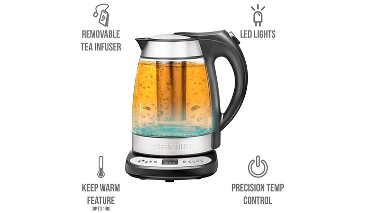 Chefman Electric Glass Digital Tea Kettle with FREE Tea Infuser, Built-In Precision Temperature Control Panel Base & Keep Warm Function