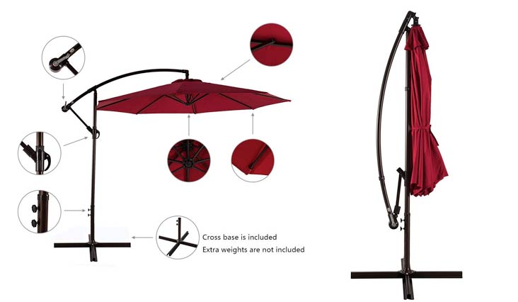 AMT Adjustable Offset Cantilever Hanging 10' Patio Umbrella with Cross Base and Crank, Beige