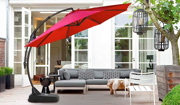 Grand patio Deluxe 10 FT Curvy Aluminum Offset Patio Umbrella with Handle and Crank, Banana Style Patio Cantilever Umbrella, 8 Ribs Large Patio Umbrella with Base, Beige