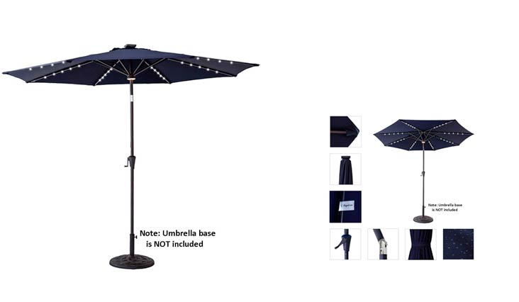 C-Hopetree 11 feet Solar Power 40 LED Lights Outdoor Patio Market Umbrella with Crank Winder, Push Button Tilt, Navy Blue