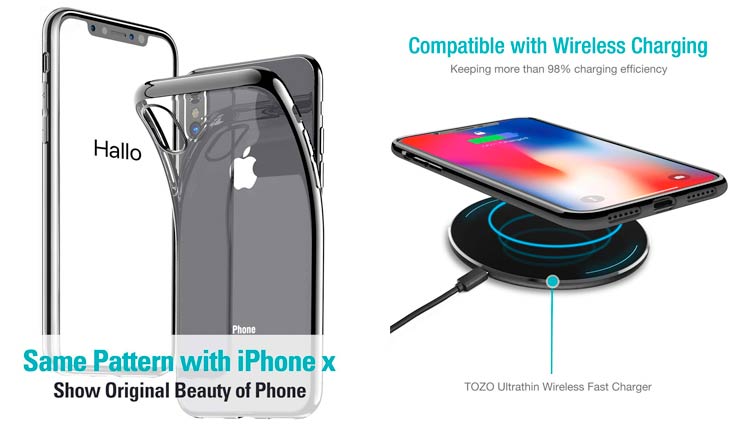 TOZO for iPhone X Case, Crystal Clear Soft TPU Gel Skin Ultra-Thin [Slim Fit] Transparent Flexible Premium Cover [Wireless Charger Compatible] for iPhone 10 / X [Space Black Plating Edge]