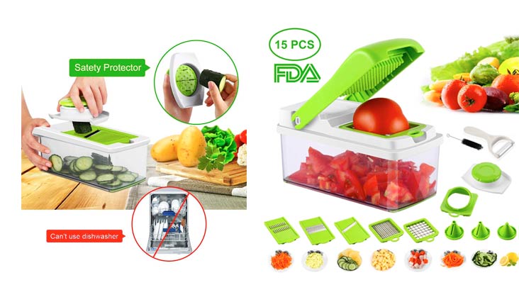 Vegetable Slicer Dicer Food Chopper Kitchen Cutter, WEOOLA Cheese Grater with Stainless Steel Adjustable Multi Blades and Storage Container for Onion Potato Tomato Fruit Extra Peeler Included