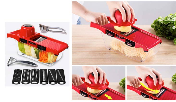 Mandoline Slicer Vegetable Cutter 8in1 Chopper–6 Durable Blades Julienne and Grater with Veggies Peeler Garlic Press Food Container