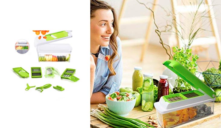 Beemoon Vegetable Chopper - 13 IN 1 Vegetable Slicer with 10 Stainless Blades and 1.5L storage container -- Cutter, Peeler, Julienne Slicer for Onion, Potato, Tomato and Fruits