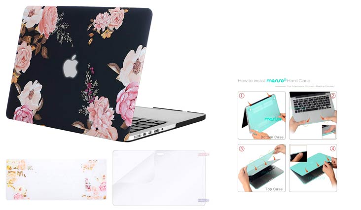 MOSISO Plastic Pattern Flower Hard Case & Keyboard Cover & Screen Protector Only Compatible MacBook Pro Retina 13 Inch (W/O CD-ROM)(A1502/A1425), Release 2015/2014/2013/end 2012, Peony Blossom