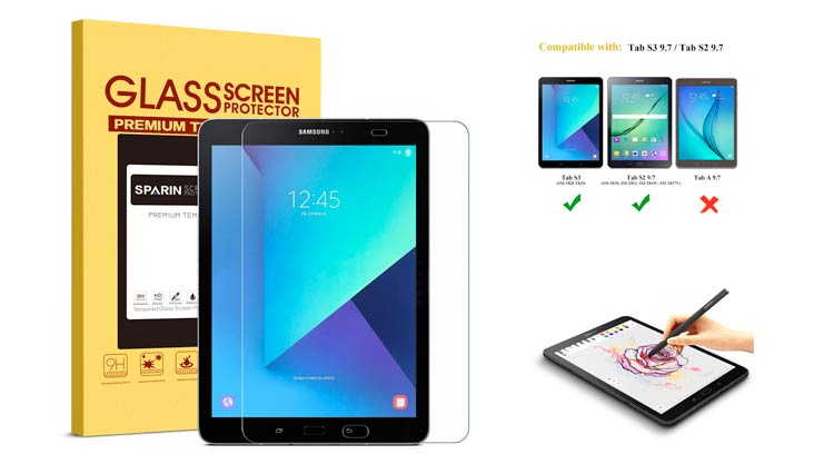 SPARIN Galaxy Tab S3 / Galaxy Tab S2 9.7 Screen Protector - S Pen Compatible/Tempered Glass / 2.5D Round Edge/Scratch Resistant/Easy Install for Samsung Galaxy Tab S3 / Galaxy Tab S2 9.7 Inch