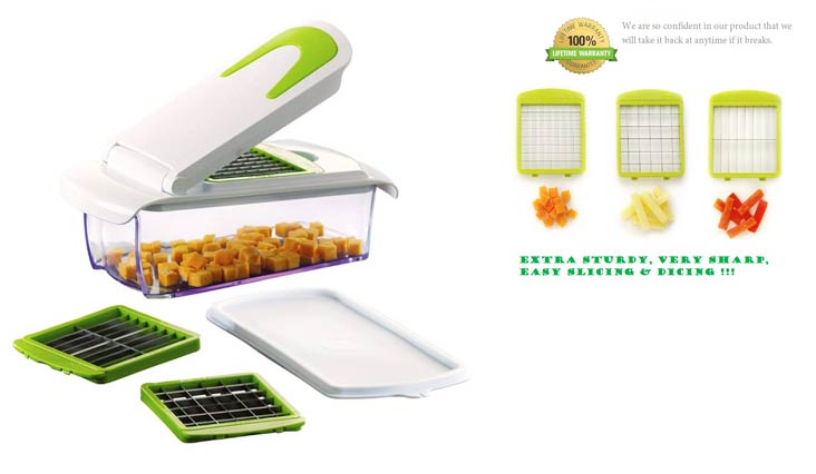 Vegetable and Fruit Chopper with 3 Stainless Steel Blades, Adjustable Slicer & Dicer With Storage Container and Non-Skid Base, by Tiabo